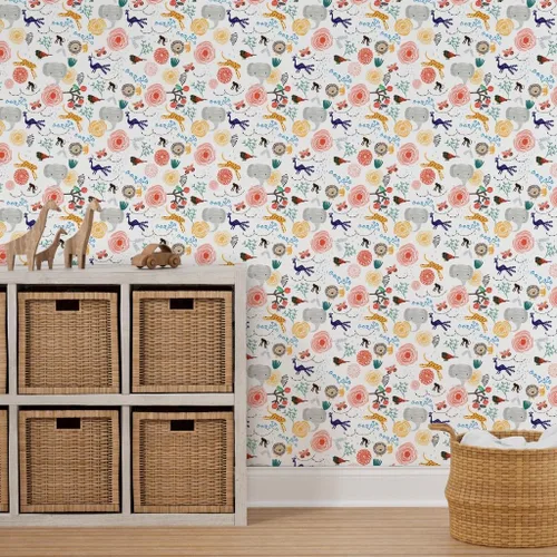 Miniatura 7 de Papel tapiz autoadhesivo de 12 x 2 pies – Flores de selva, elefante, guepardo, pájaro, mono, león, caprichoso, animales florales, habitación