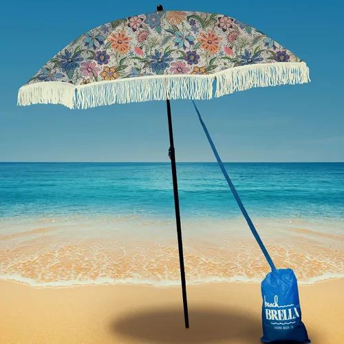 Miniatura 45 de Sombrilla de playa para arena, resistente al viento, con bolsa de anclaje de arena, portátil, flecos, bolsa de mezclilla, cuenta con parte inferior