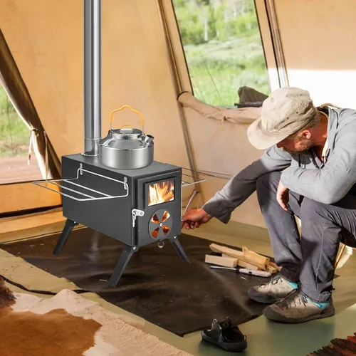 Miniatura 7 de Estufa de leña portátil, estufa plegable para tienda de campaña caliente, estufa de leña con chimenea, sin fugas de humo y fácil de instalar