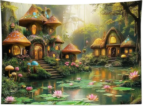 Miniatura 18 de HVEST Tapiz de bosque de cuento de hadas para colgar en la pared, estanque de lirios de agua, árboles mágicos, casas en el país de los sueños, tapiz