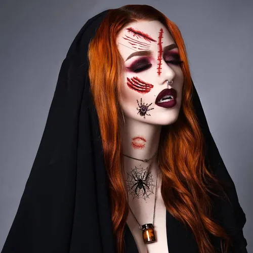Miniatura 4 de 42 hojas de telaraña 3D y tatuajes temporales de cicatriz falsa, kit de maquillaje de Halloween, bruja zombi, realista, falso murciélago, tatuajes