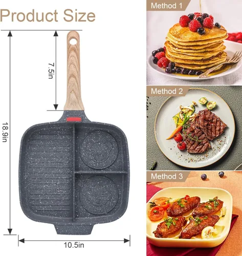 Miniatura 5 de Sartén Seccional, Sartenes de Parrilla para Estufas Antiadherentes de 3 Secciones Sartén para Desayuno Sartén para Comidas Plancha Sartén Dividida