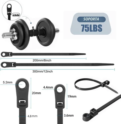 Miniatura 2 de Bridas de cremallera negras de 8 pulgadas con agujero de tornillo, bridas de cable resistentes para cables de 75 libras con cabeza montable