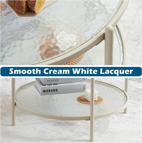 Miniatura 5 de VINGLI Mesa de Centro Redonda Pequeña de 25.6" Blanco Crema con Vidrio de Onda de Agua Círculo Transparente Mesa de Centro, Mesa Central con Diseño