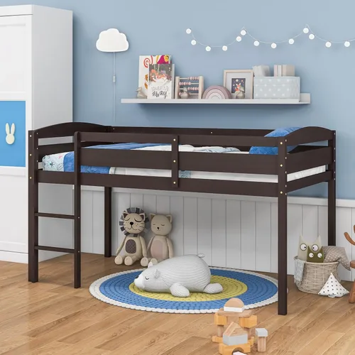 Miniatura 8 de Giantex Cama alta individual con escalera, cama alta de madera de perfil bajo con 30 pulgadas de espacio libre y rieles de protección de seguridad