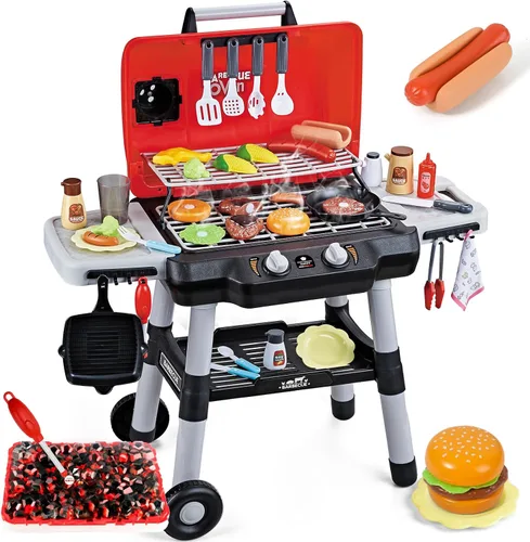 Juguetes de cocina para niños, juego de parrilla de barbacoa para niños con humo, sonido y luz, juguete de barbacoa de 2 niveles con rueda, juguetes