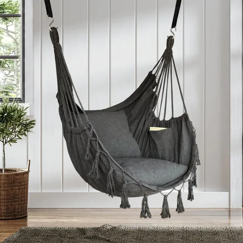 Miniatura 2 de Halalona Silla hamaca colgante de cuerda con 2 cojines y kits de herramientas, resistente y duradero, suave algodón tejido a mano, silla colgante