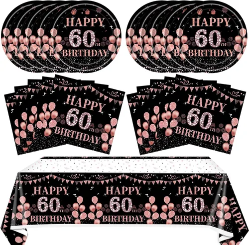 41 piezas de decoraciones de 60 cumpleaños para mujeres, juego de vajilla de fiesta de 60 años, platos, servilletas, mantel, suministro de fiesta
