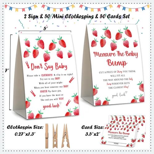 Miniatura 2 de QOFO 2 juegos de fresa para baby shower, no digas juegos de pinzas para la ropa, mide la panza del bebé, decoraciones de baby shower, juego de baby