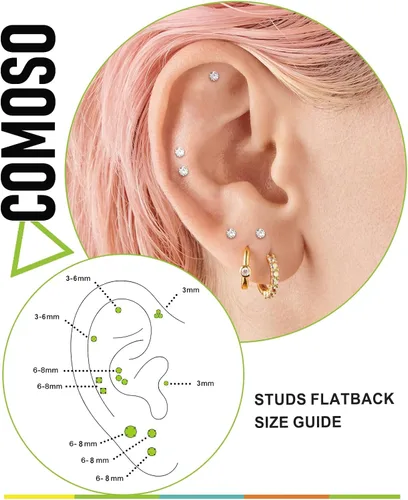 Miniatura 2 de Earrings for Women, 78 Pairs Stud Earrings Set for Men Girl, COMOSO 18K White Gold Plated S925 Sterling Silver Cubic Zirconia Earrings Studs 3-8mm
