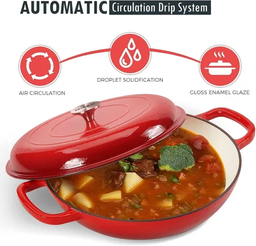 Miniatura 3 de Cacerola de hierro fundido COOKWIN, 3.8 QT, Sartén de hierro fundido con tapa y asas dobles, olla de superficie esmaltada de porcelana, Rojo