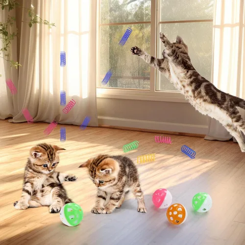 Miniatura 4 de Palksky Pozo de pelotas con 210 bolas de juguete y 4 juguetes de resorte, juguetes interactivos para gatos aburridos de interior para jugar