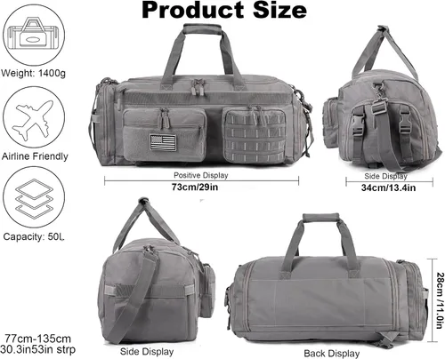 Miniatura 2 de LHI Bolsa de lona táctica de 50 L para hombres, bolsa de lona y mochila 3 en 1, compartimento para zapatos, funda para laptop y MOLLE, bolsa