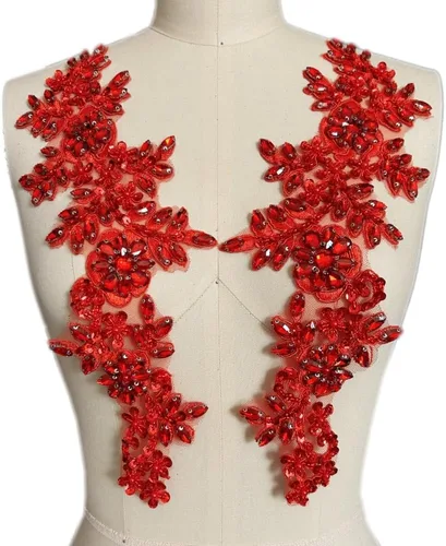 Miniatura 6 de 1 par de parches de encaje con cristales brillantes, cuentas de vidrio y piedras, para coser a mano, accesorios para decoración de vestidos de novia