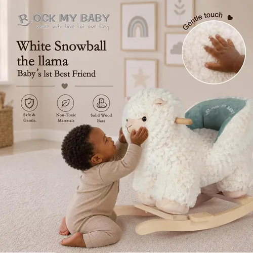 Miniatura 5 de Rock My Baby Caballo de madera con asiento para bebé, alpaca y llama, peluche con asiento para bebés de 1 a 3 años, juguete de balanceo de madera