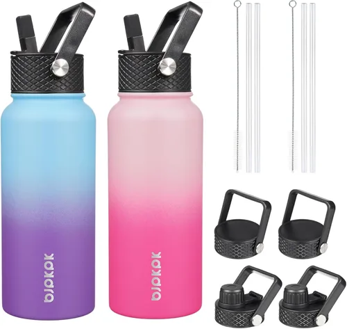 Miniatura 27 de BJPKPK Paquete de 2 botellas de agua aisladas con tapas con pajita, botella de agua de metal de acero inoxidable de 18oz con 6 tapas, jarras a