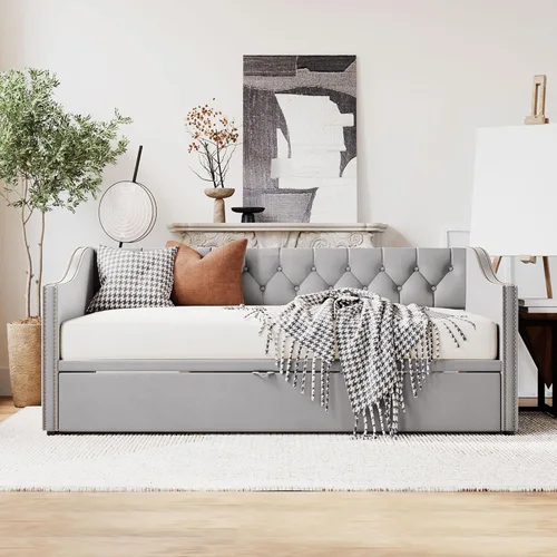 Miniatura 4 de Harper & Bright Designs Sofá cama extensible de terciopelo de tamaño individual con nido desplegable, marco de sofá cama individual a King con Gris