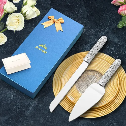 Miniatura 4 de Juego de cuchillo y servidor de plata para boda, juego de 2 piezas de postre con mango de metal con piedras de cristal para decoración de bodas