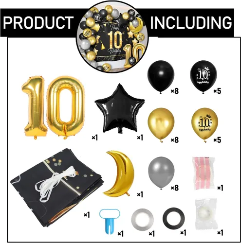 Miniatura 3 de Juego de globos dorados de feliz cumpleaños número 10 – Saludos a los 10 años de edad, guirnalda temática de fiesta con estrellas y luna, decoración