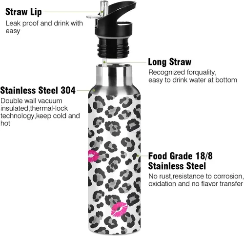 Miniatura 3 de Bold Black Gray Leopard Spots White Stainless Steel Vacuum Insulated Water Bottle 20 Oz Leakproof Water Bottles, BPA-Free Sports Water Bottle