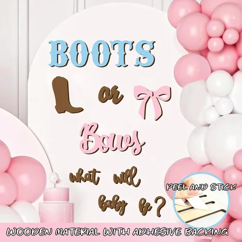 Miniatura 8 de Adhesivos de madera para señalización de revelación de género, arco de globos "¿Qué será el bebé?", botas o lazos, suministros de decoración