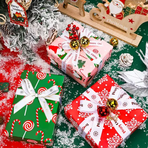 Miniatura 4 de WRAPAHOLIC Rollo de papel de regalo de Navidad de 30 pulgadas - Rollo jumbo rojo, verde y rosa de gnomo de Navidad y elfo festivo, colección de 4