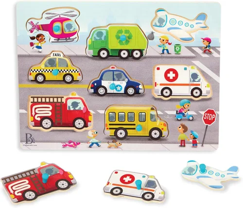B. toys – Peek & Explore – Vehículos – Rompecabezas de clavija de madera para niños pequeños, niños – 8 piezas – Camión de bomberos, avión, taxi y