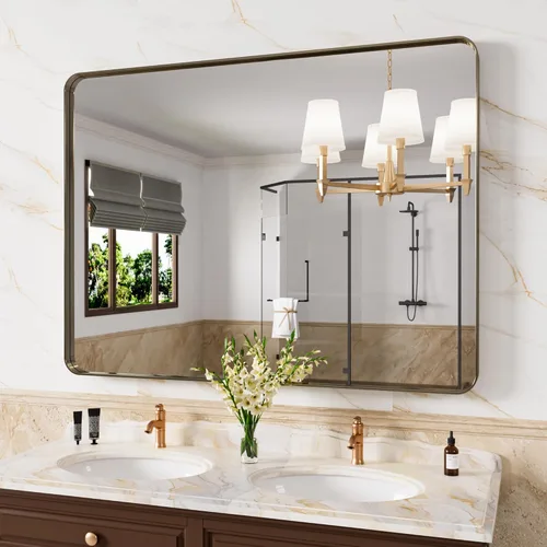 Miniatura 56 de JISOSO - Espejo de baño de 24x36 pulgadas con marco de metal cepillado color níquel, espejo con marco de metal cepillado plateado para pared, espejo