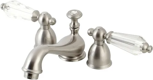 Kingston Brass KS3958WLL Mini grifo de lavabo generalizado con manija de palanca de cristal, 4-1/2 pulgadas en alcance de la boquilla, níquel
