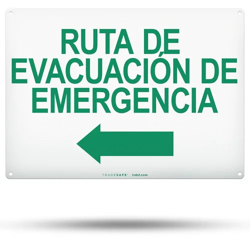 TRADESAFE Señal de flecha izquierda de ruta de evacuación de emergencia – Ruta De Evacuación De Emergencia Señal Español, Instalación Rápida,