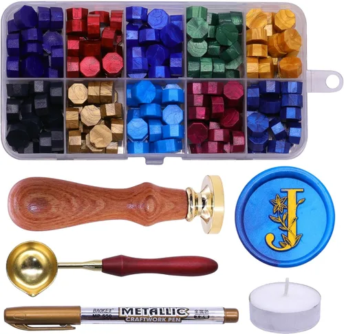 Miniatura 13 de SWANGSA Kit de sello de cera con letra inicial del alfabeto A, elegante sello de sellado de letras florales botánicas con 200 cuentas de cera