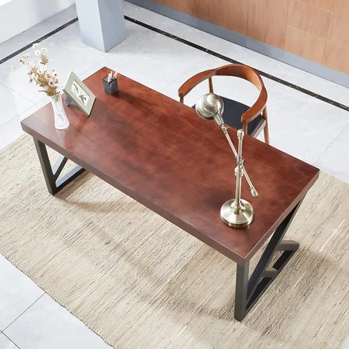 Miniatura 4 de Mesa industrial moderna de madera maciza, escritorio de computadora para oficina en casa, escritorio de estudio con soporte de metal y panel
