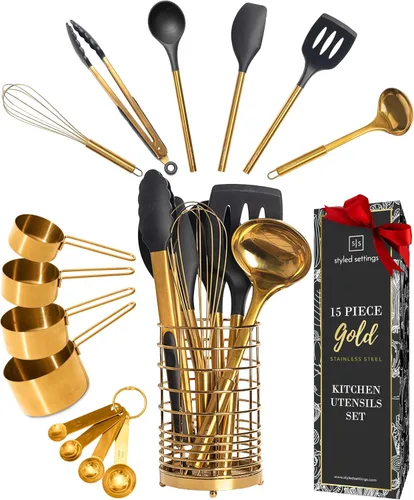 Miniatura 12 de Juego de utensilios de cocina negros y dorados, herramientas de cocina de silicona de 7 piezas con soporte dorado para utensilios de cocina 7 piezas