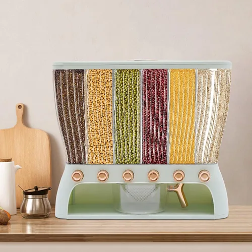 Miniatura 5 de Dispensador de alimentos secos, dispensador de cereales para encimera, 6 rejillas, dispensador de arroz de 22 libras, almacenamiento de cocina