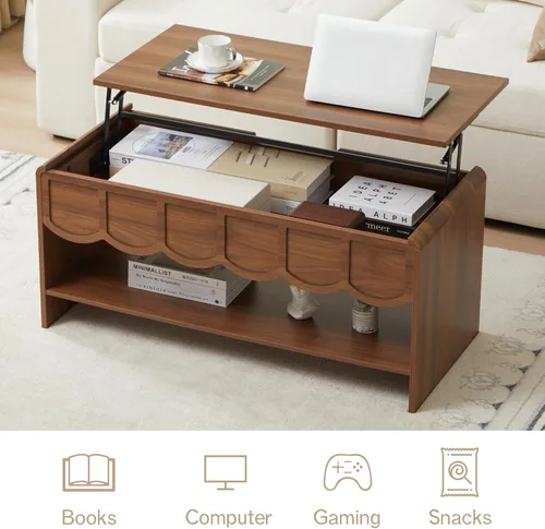 Miniatura 4 de Mesa de centro elevable con compartimento oculto, mesa central de madera de 2 niveles con panel ondulado, moderna mesa elevadora para el hogar, sala