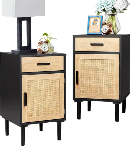 Finnhomy Juego de 2 mesitas de noche altas, mesita de noche, juego de 2 con cajón y estante, puertas decoradas a mano, mesitas de noche con Negro