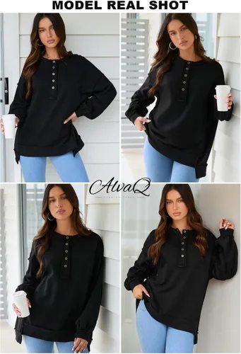 Miniatura 74 de AlvaQ - Sudadera de gran tamaño para mujer, informal, de manga larga, con botones y cuello Henley, tipo túnica