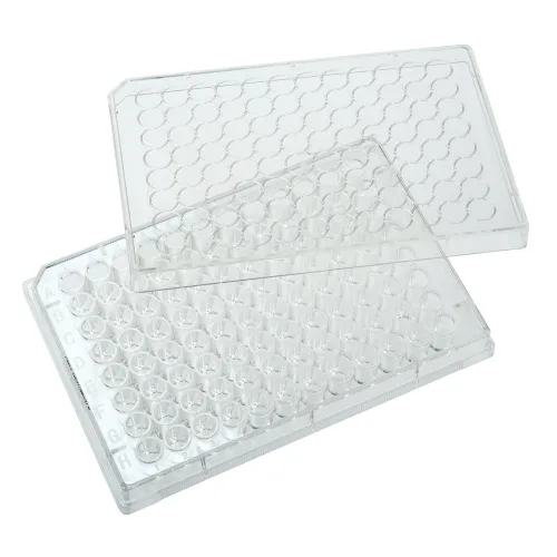 Celltreat 229195 96 Placa de cultivo de tejidos de poliestireno transparente con tapa, estéril, área de crecimiento celular de 0.1 in², fondo plano,