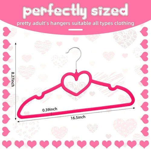 Miniatura 2 de Qunclay 50 piezas de perchas de terciopelo rosa brillante con forma de corazón, perchas antideslizantes de fieltro para ropa, percha de corazón