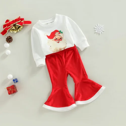 Miniatura 30 de Gueuusu Conjunto de ropa de manga larga para bebé niña con texto en inglés "My 1st Christmas", sudadera de manga larga con pantalones acanalados