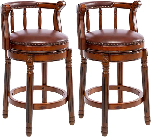 Miniatura 12 de RAINMOOD Juego de 2 taburetes de bar, taburete tapizado de cuero de grano completo, silla de bar negra con respaldo, patas de madera maciza