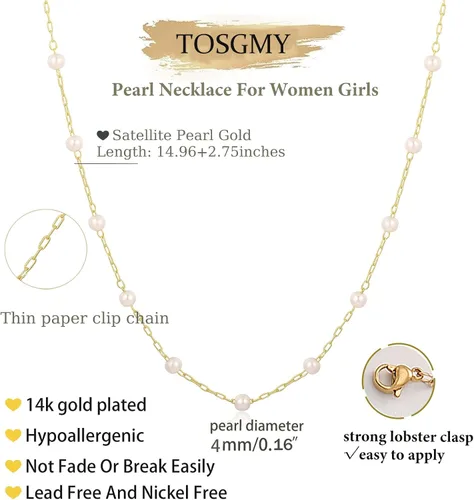 Miniatura 5 de TOSGMY Collares de perlas para mujer, gargantilla de perlas chapadas en oro de 14 quilates, collar de perlas de imitación hecho a mano, collar