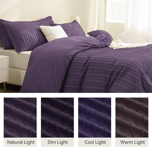 Miniatura 8 de JELLYMONI Funda de edredón tamaño individual morado - Juego de 3 piezas de funda de edredón bohemia a rayas de poliéster con textura copetuda Rayas
