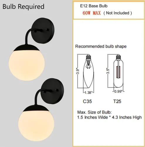 Miniatura 5 de Juego de 2 apliques de pared negros de estilo nórdico moderno con forma de globo lechoso para tocador de baño