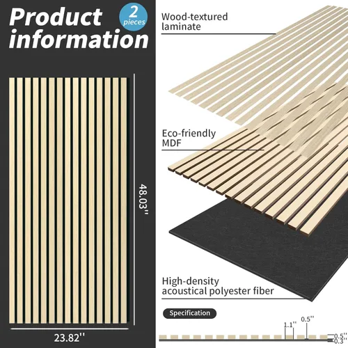 Miniatura 2 de AMZDEPOT Panel de pared de listones de madera, paneles de madera de 48 x 24 pulgadas para pared, paneles de pared insonorizados 3D, paneles Roble