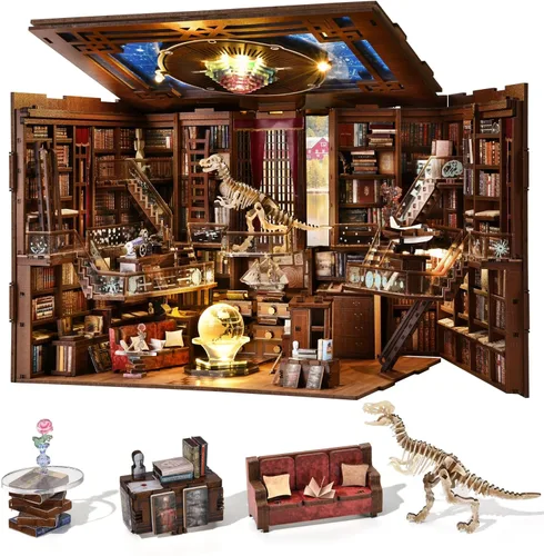 Miniatura 18 de MiniCity - Kit de manualidades para rincón de lectura, estantería de libros, inserto de estantería de madera, rompecabezas 3D, sujetalibros con luz