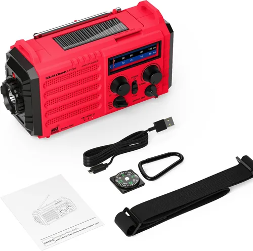 Miniatura 7 de Radio meteorológica de emergencia, manivela solar, funciona con pilas, radio de onda corta AM FM portátil con alerta NOAA, linterna, lámpara de Rojo
