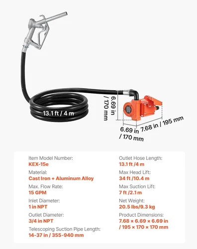 Miniatura 7 de VEVOR Bomba de transferencia de combustible, 12 V CC 15 GPM, kit de bomba de transferencia diésel de hierro fundido, con boquilla manual, manguera