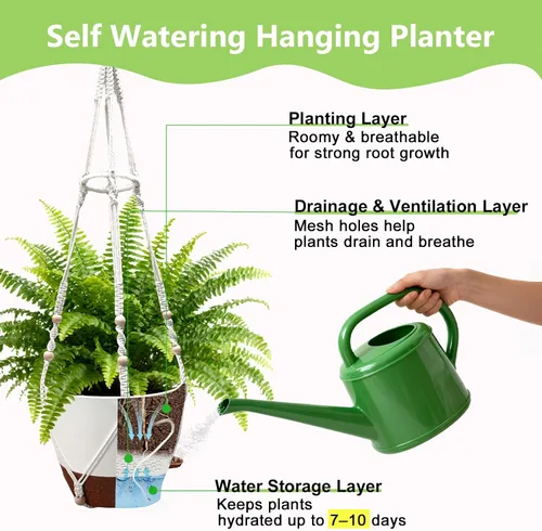 Miniatura 6 de Macetas colgantes para plantas de interior: paquete de 2 perchas de macramé con luces de cultivo y macetas de riego automático, macetas colgantes