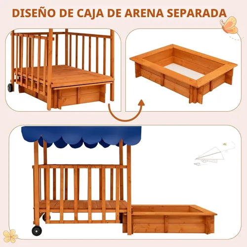 Miniatura 3 de Costzon Caja de Arena Retráctil para Niños con Toldo, Casa de Juegos Cabaña de Madera de Cedro con Área de Juego Grande, Ruedas Traseras